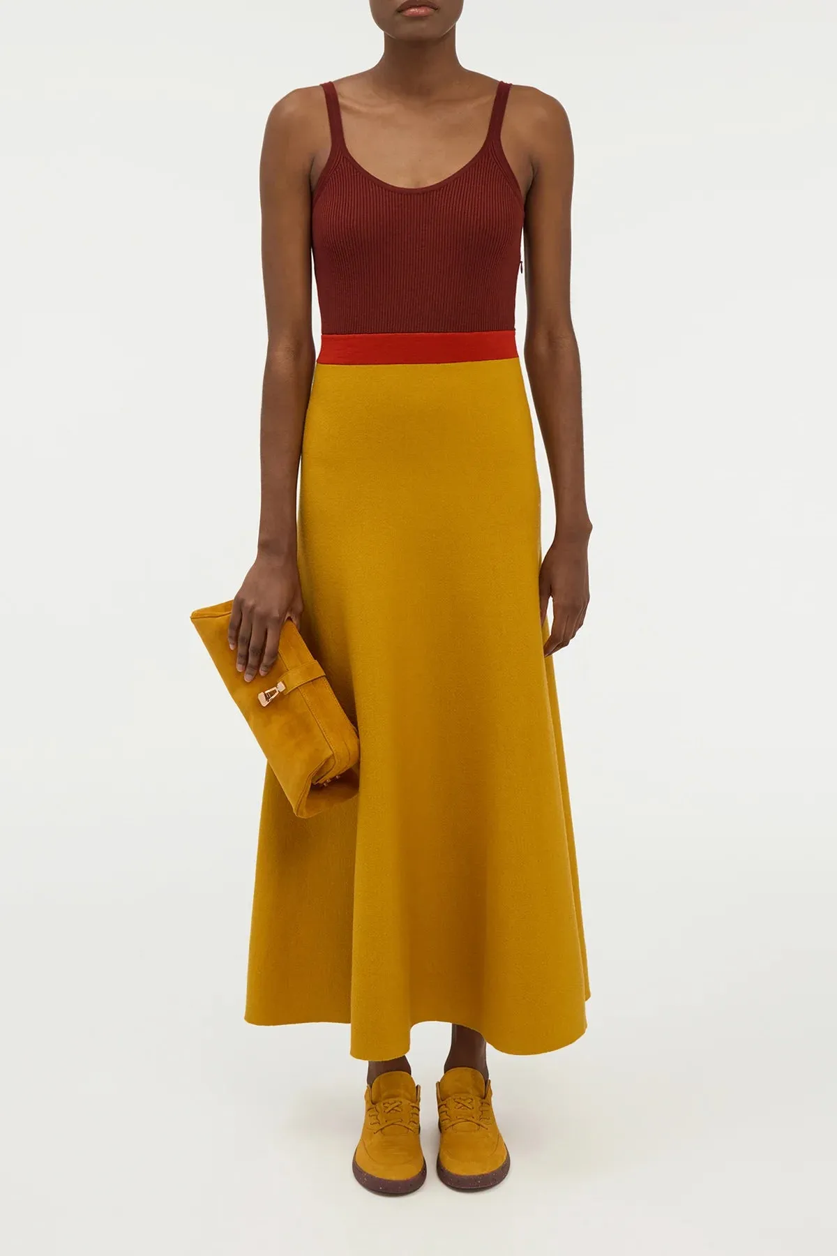 Flaminius Knit Midi Dress in Golden Birch Merino Wool HiddenZipperClosure AntiStaticMaterial