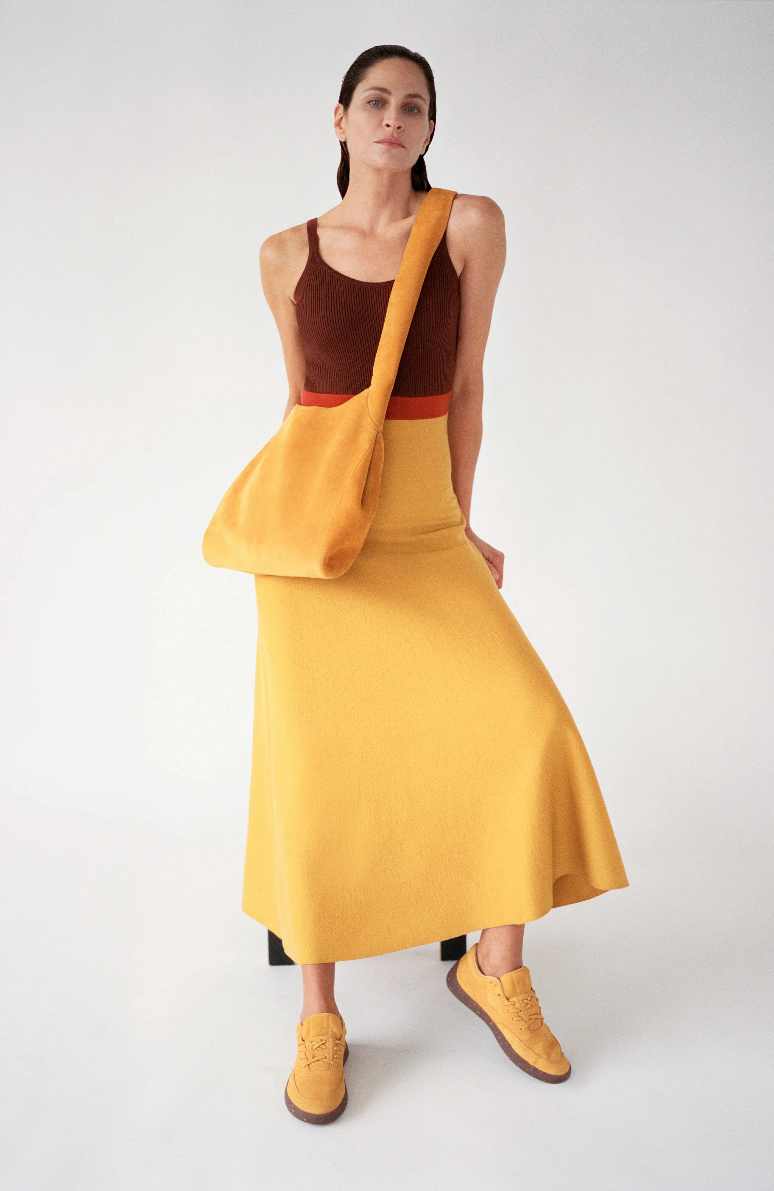 ZeroChafeSeams Suburb Ease Flaminius Knit Midi Dress in Golden Birch Merino Wool