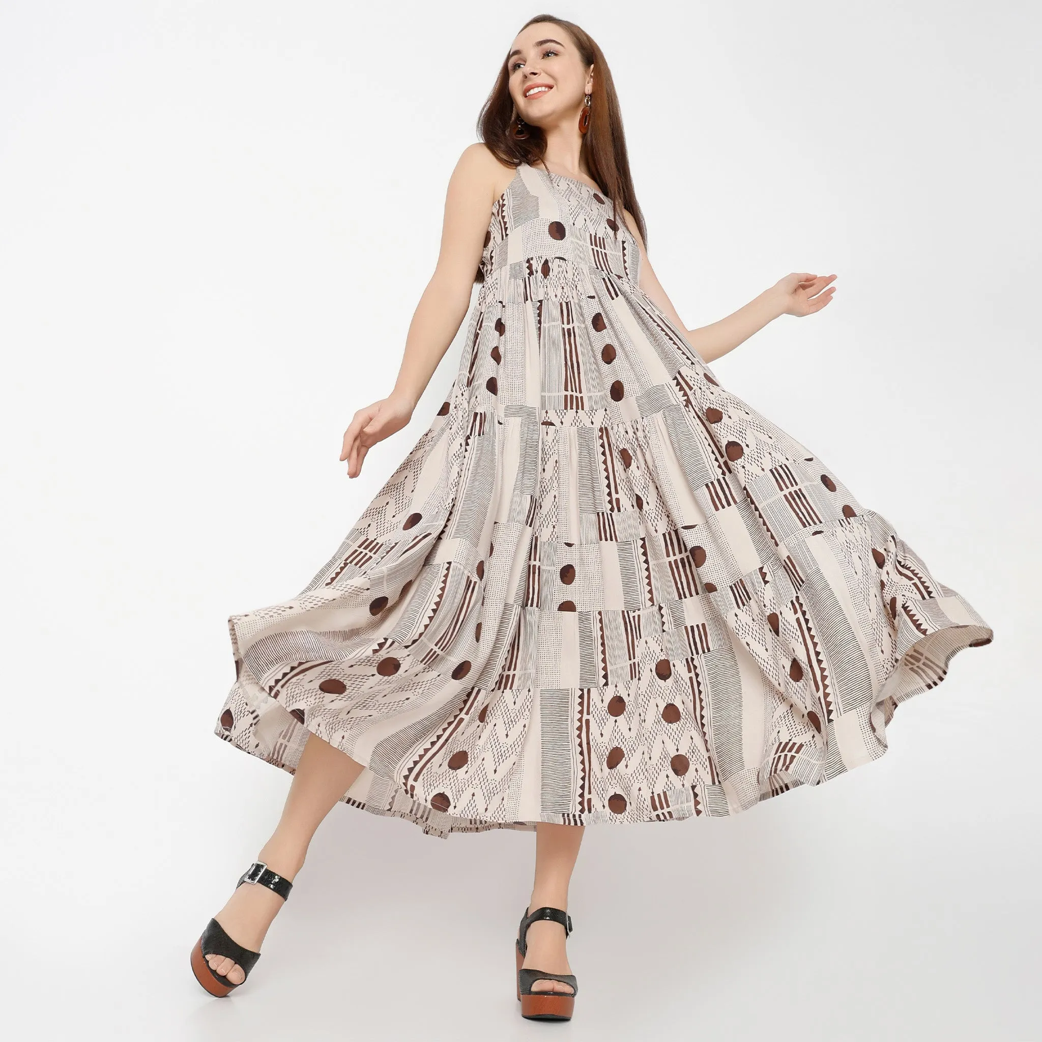 DoubleStitched MoistureManagementSystem Square Neck Calf Length Flare Fit Printed Strap Dress