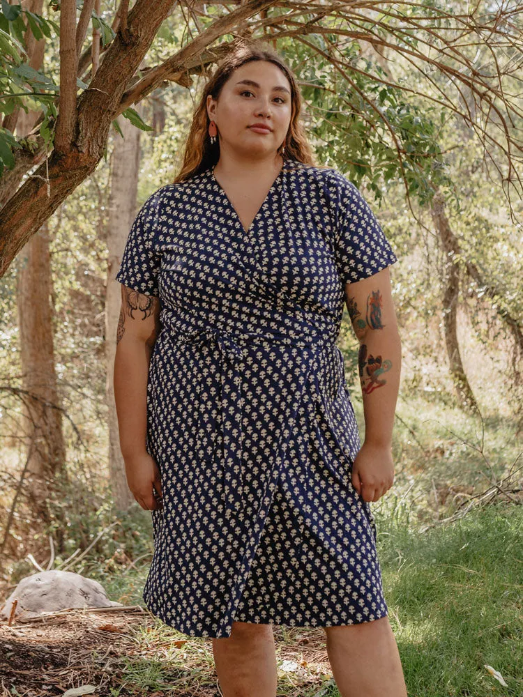 Katie Plus Size Wrap Dress - Micro Floral Navy WindResistantWeave QuickReleaseFastener
