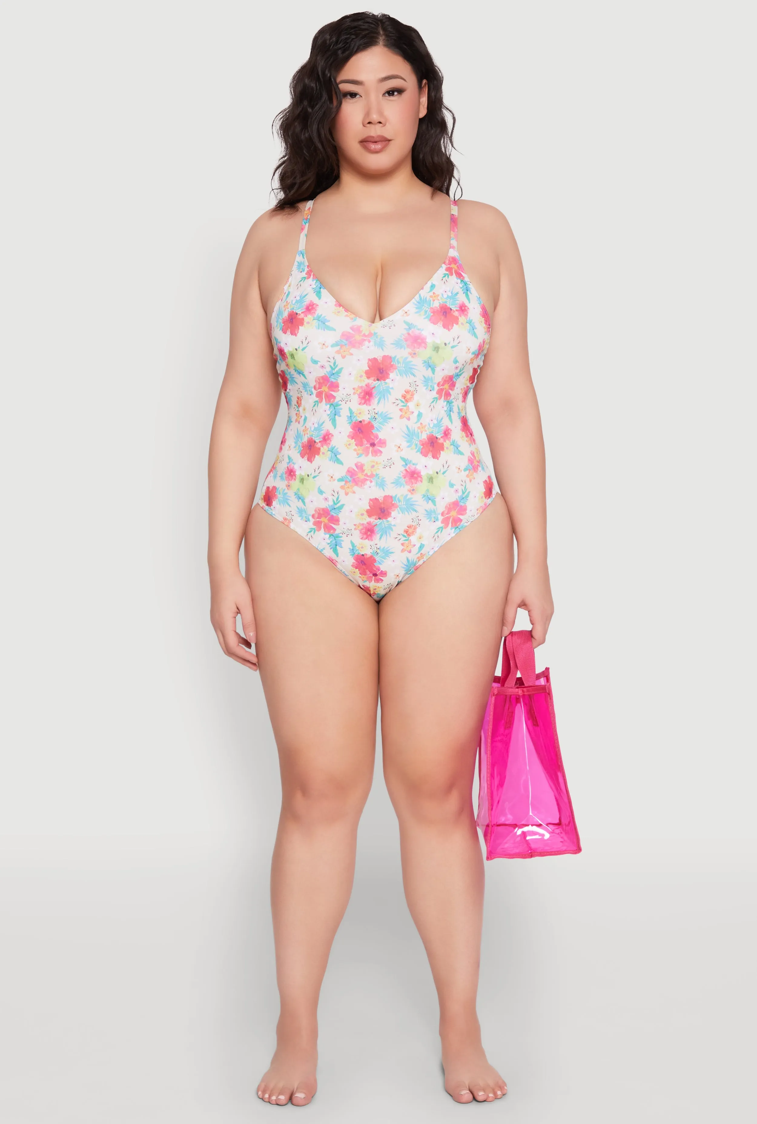 Plus Size Tropical Floral Print One Piece Swimsuit Stackable Packing Slim Contour Fit