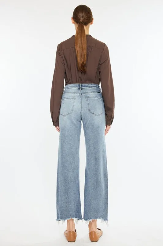 StretchableFabric Kan Can High Rise Light Wash Distressed Slim Wide Leg Jeans