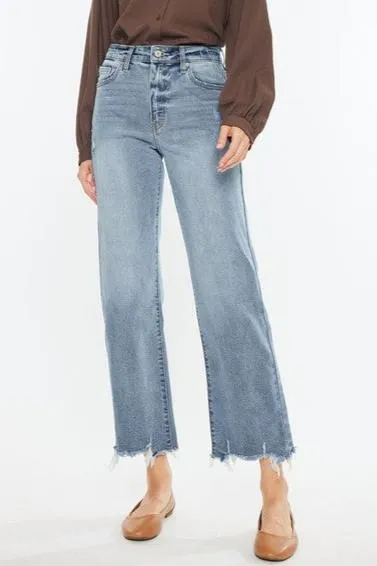 Kan Can High Rise Light Wash Distressed Slim Wide Leg Jeans pack light