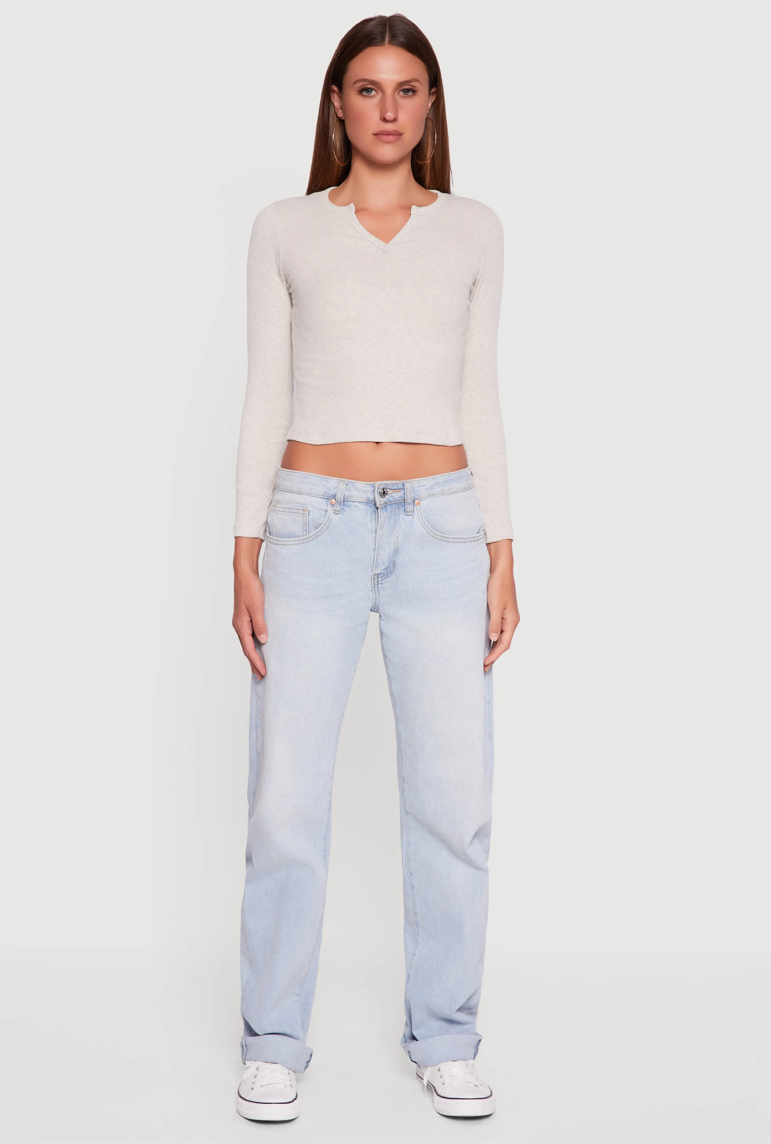 Teenager fashion All Season Wear Cropped Long Sleeve Notch Neck Henley Top