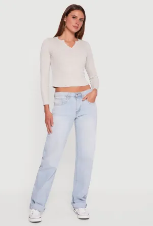 Cropped Long Sleeve Notch Neck Henley Top Classic Wear