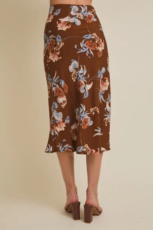 Style Mood MultiPocket Brown Floral Midi Skirt