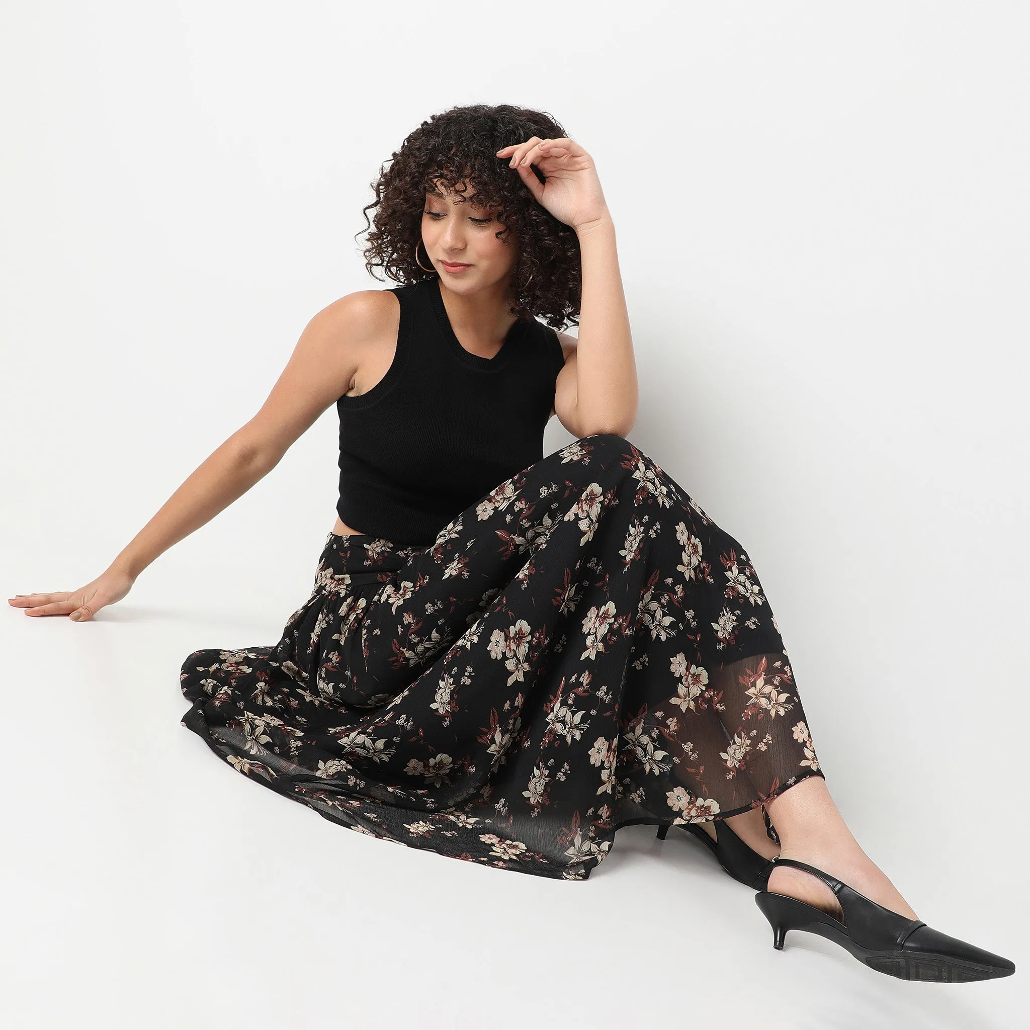Ankle Length Flare Fit Floral Printed Skirt NonIrritatingSeams OdorResistant Coating