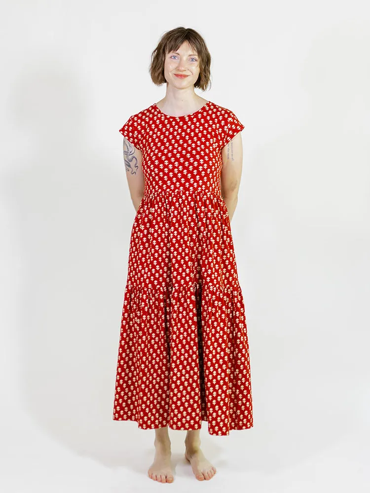 Tiered Jersey Dress - Micro Floral Red Joyful Mood
