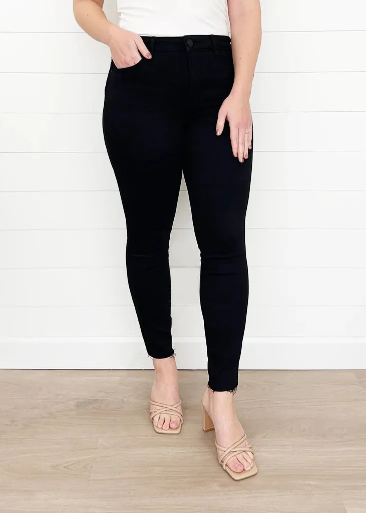 Feather Glow KUT Black Connie High Rise Fab Ab Ankle Skinny Raw Hem Jeans