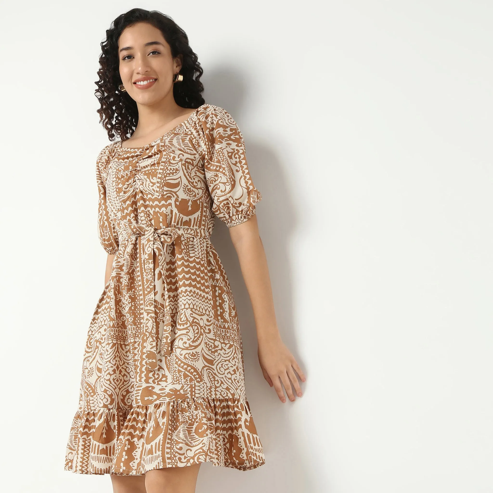RipstopFabric HighCollar Style Front Ruched Dress