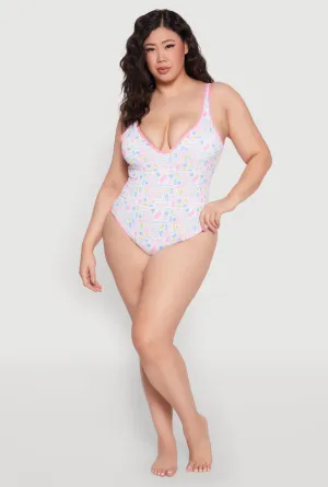 Quick Dry Liner Tumble Resistant Cut Plus Size Tropical Geometric Patterned One Piece Swimsuit