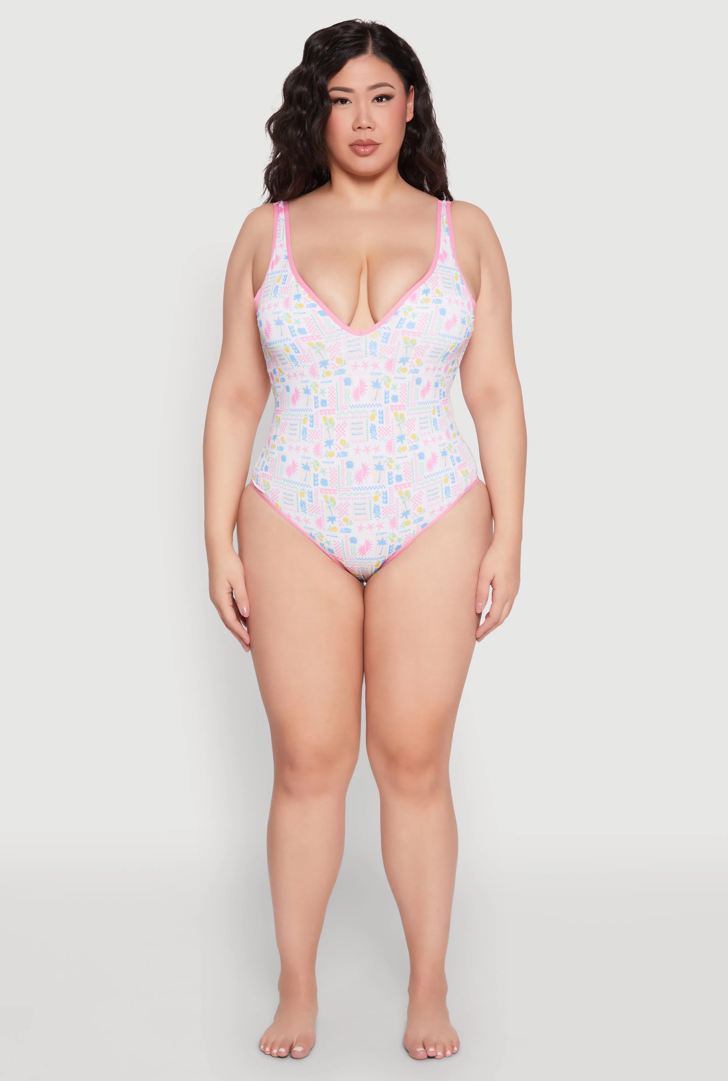 Plus Size Tropical Geometric Patterned One Piece Swimsuit Stretch Recovery Fabric