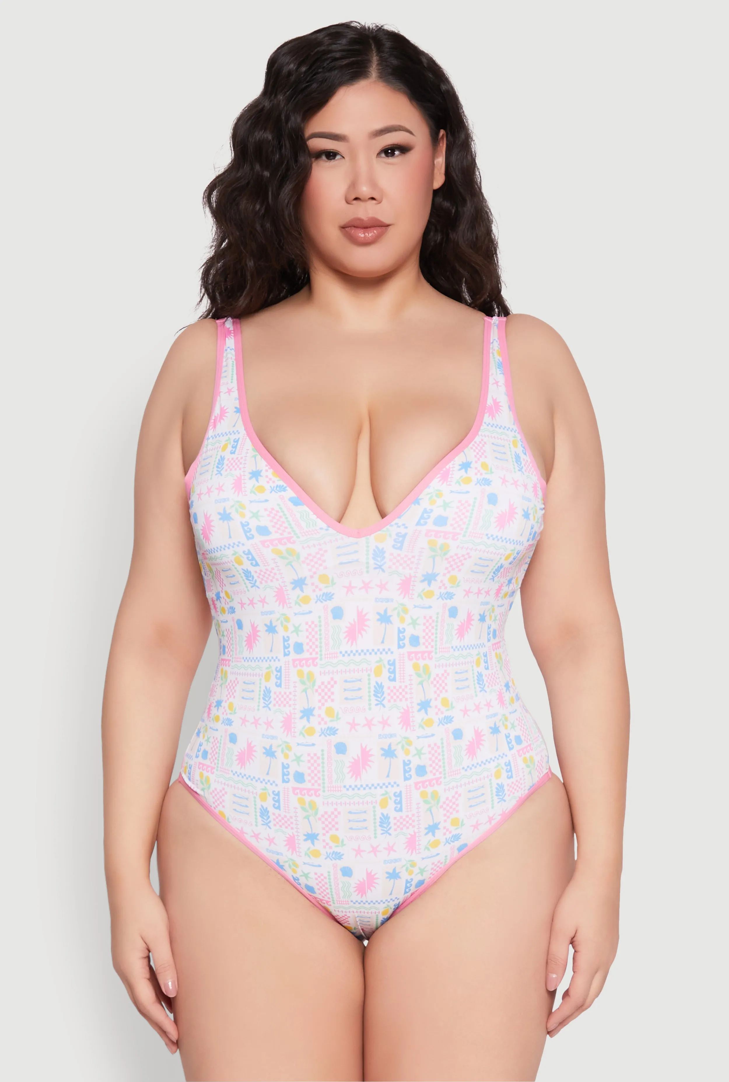 Plus Size Tropical Geometric Patterned One Piece Swimsuit Moderate Coverage