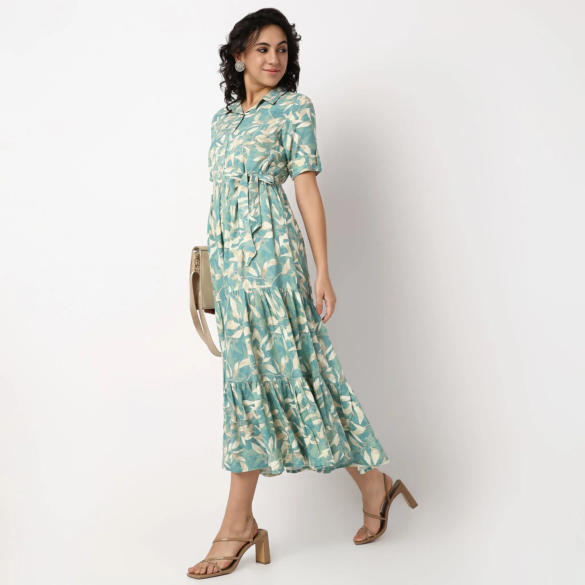WrinkleFree Material Sharp Cut Flared Printed Tiered Dress