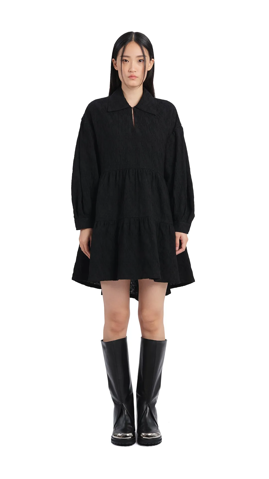 Pleated Sleeves Dress FadeResistant DoubleLayered Fabric