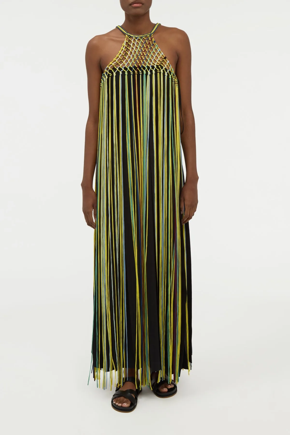 Tacia Fringe Maxi Dress in Black Multi Silk Ship Glow Model Glow