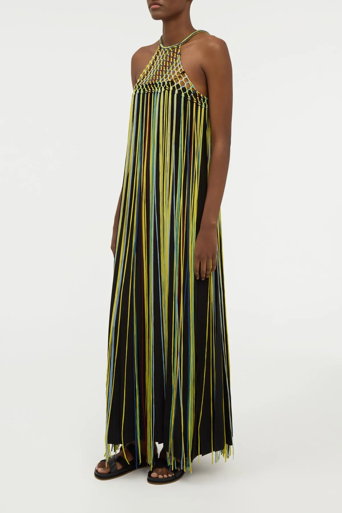 Tacia Fringe Maxi Dress in Black Multi Silk Pure Linen Blend