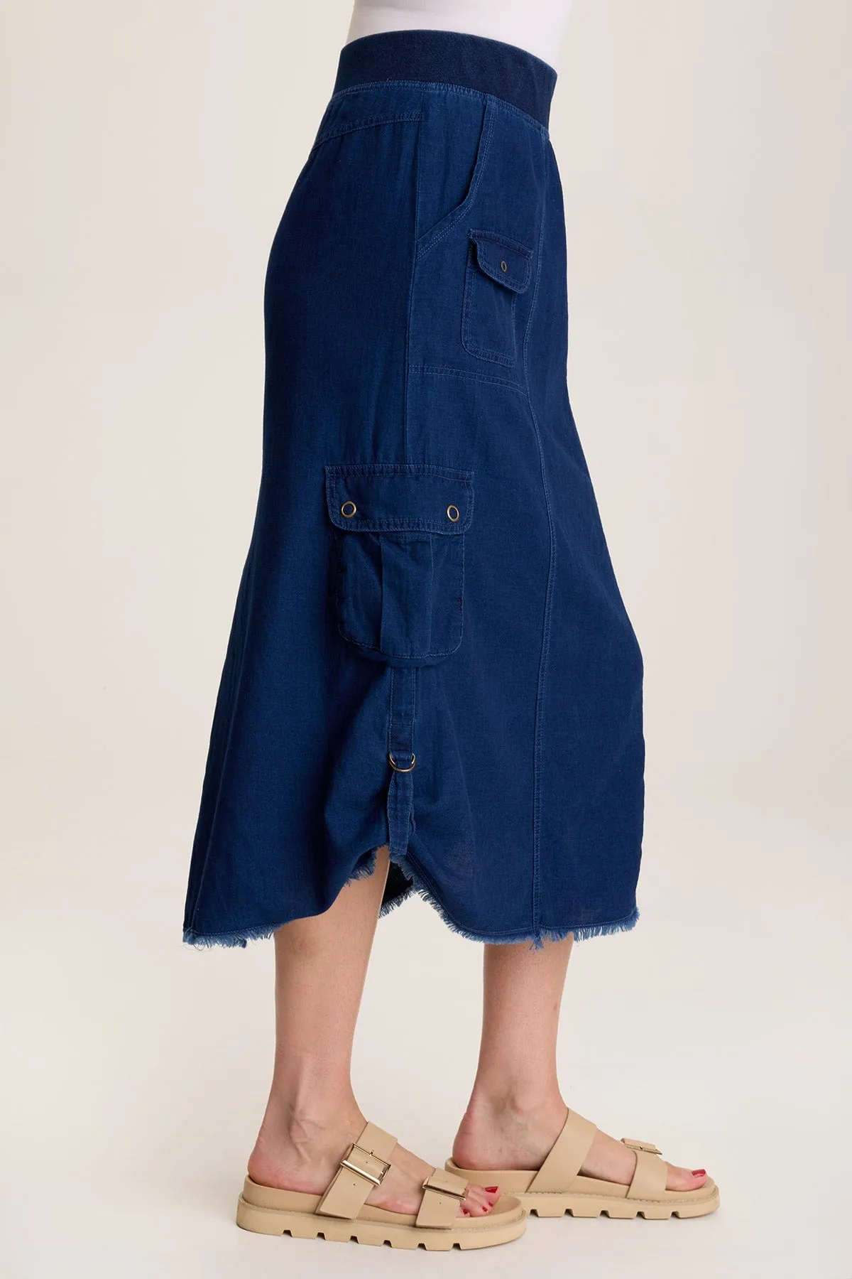 Chesney Mock-Denim Cargo Midi Skirt Foldable Hem Street Light