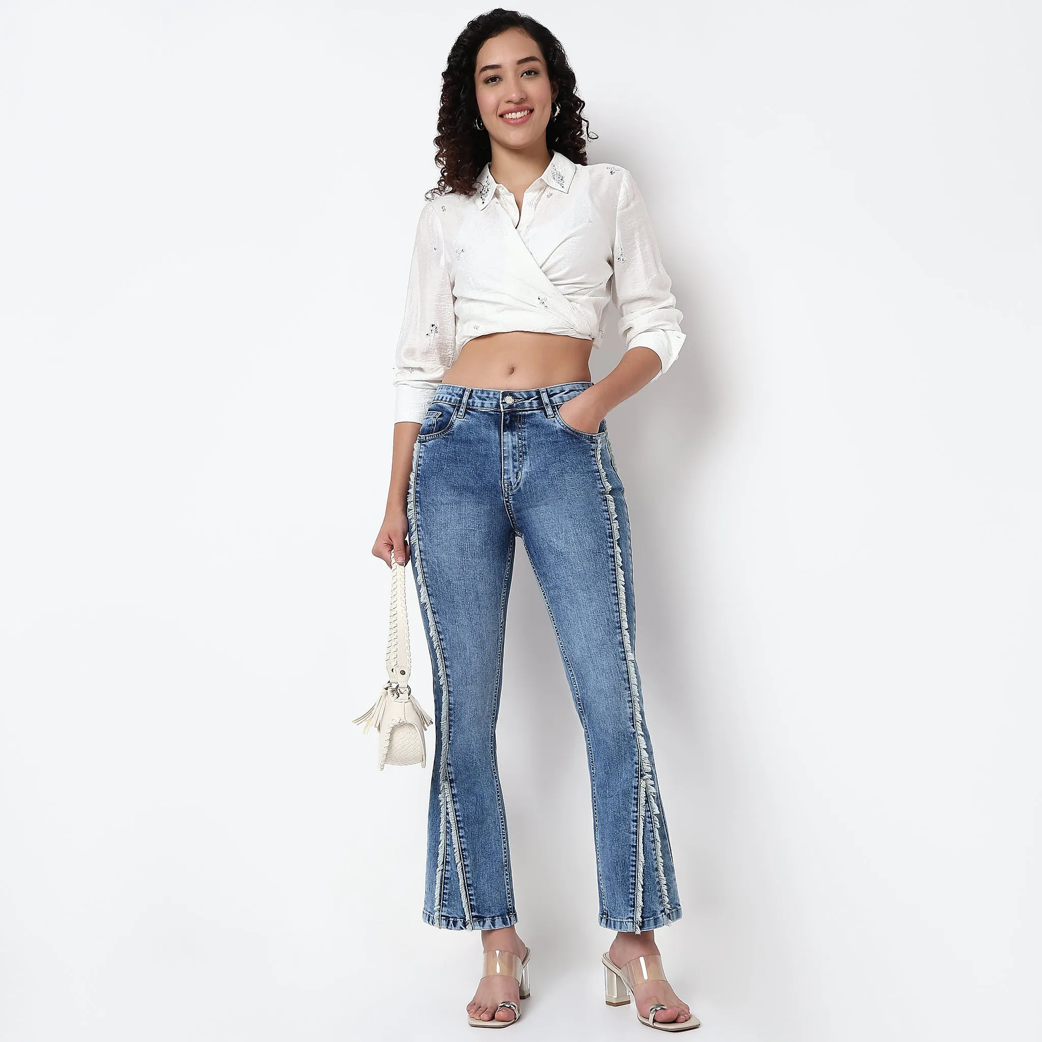 Tough Core SplitHemDesign Highwaist Bootcut Side Gusset Look Denim