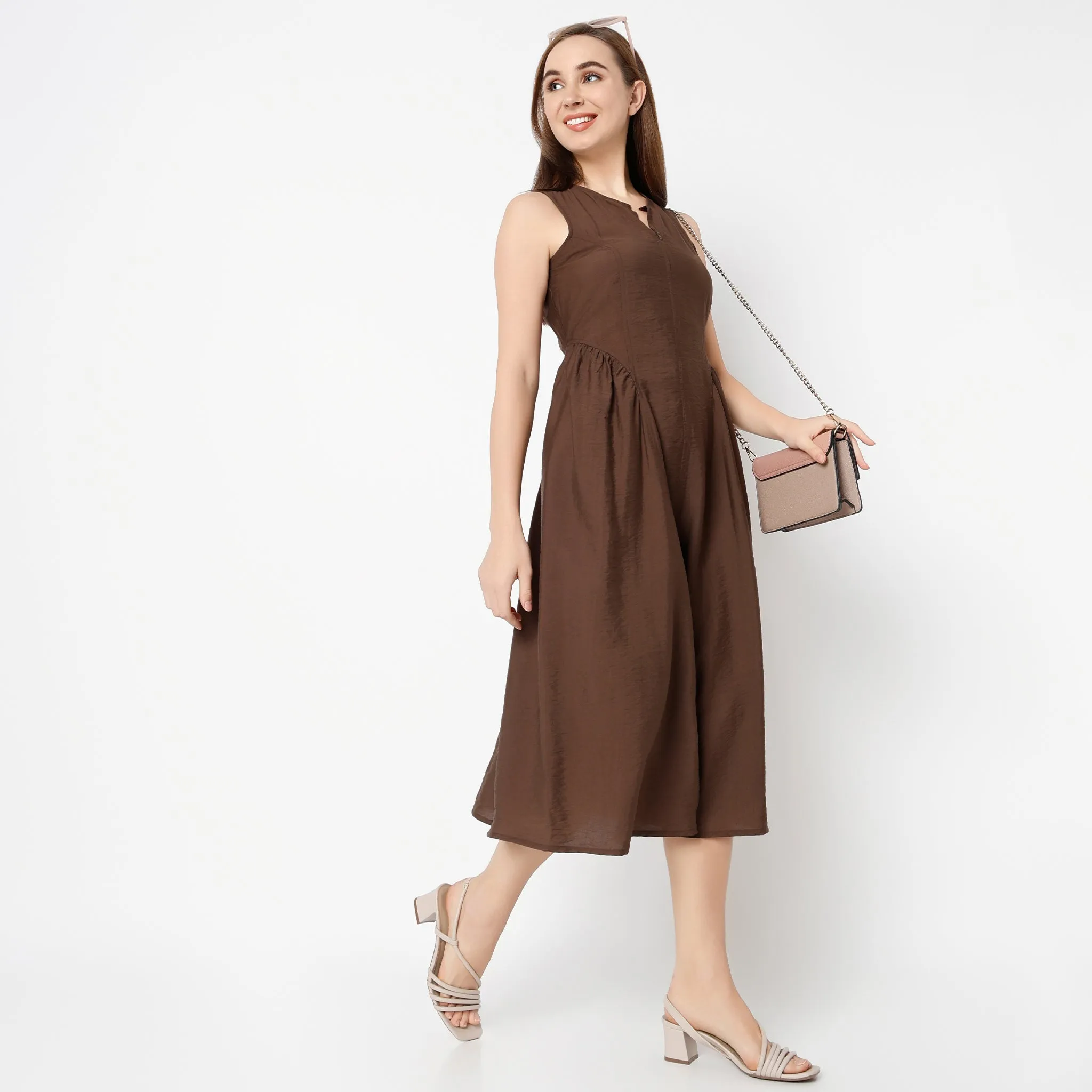 Adjustable Hem Free Shape Round Neck Calf Length Sleeveless Solid Dress