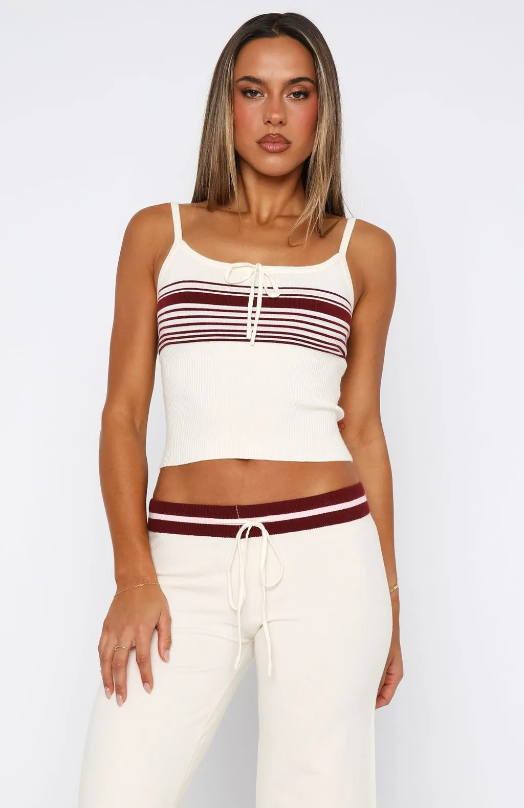 Keep Driving Knit Cami Top Burgundy Stripe Lightweight Construction