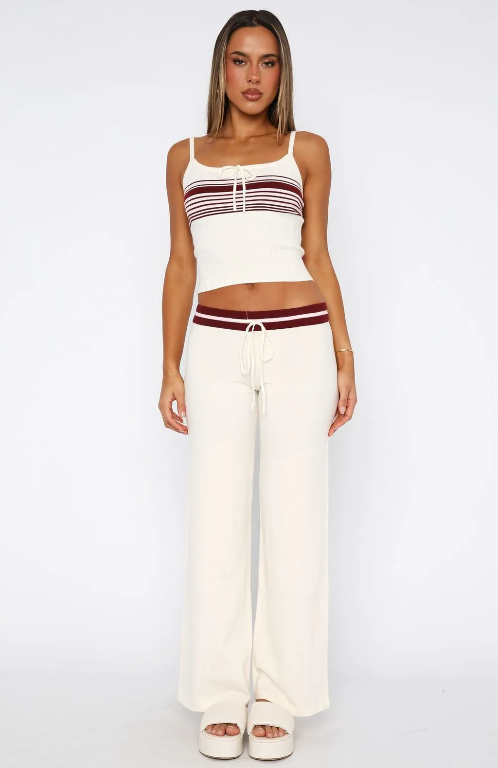 Flexible Neckline Keep Driving Knit Cami Top Burgundy Stripe