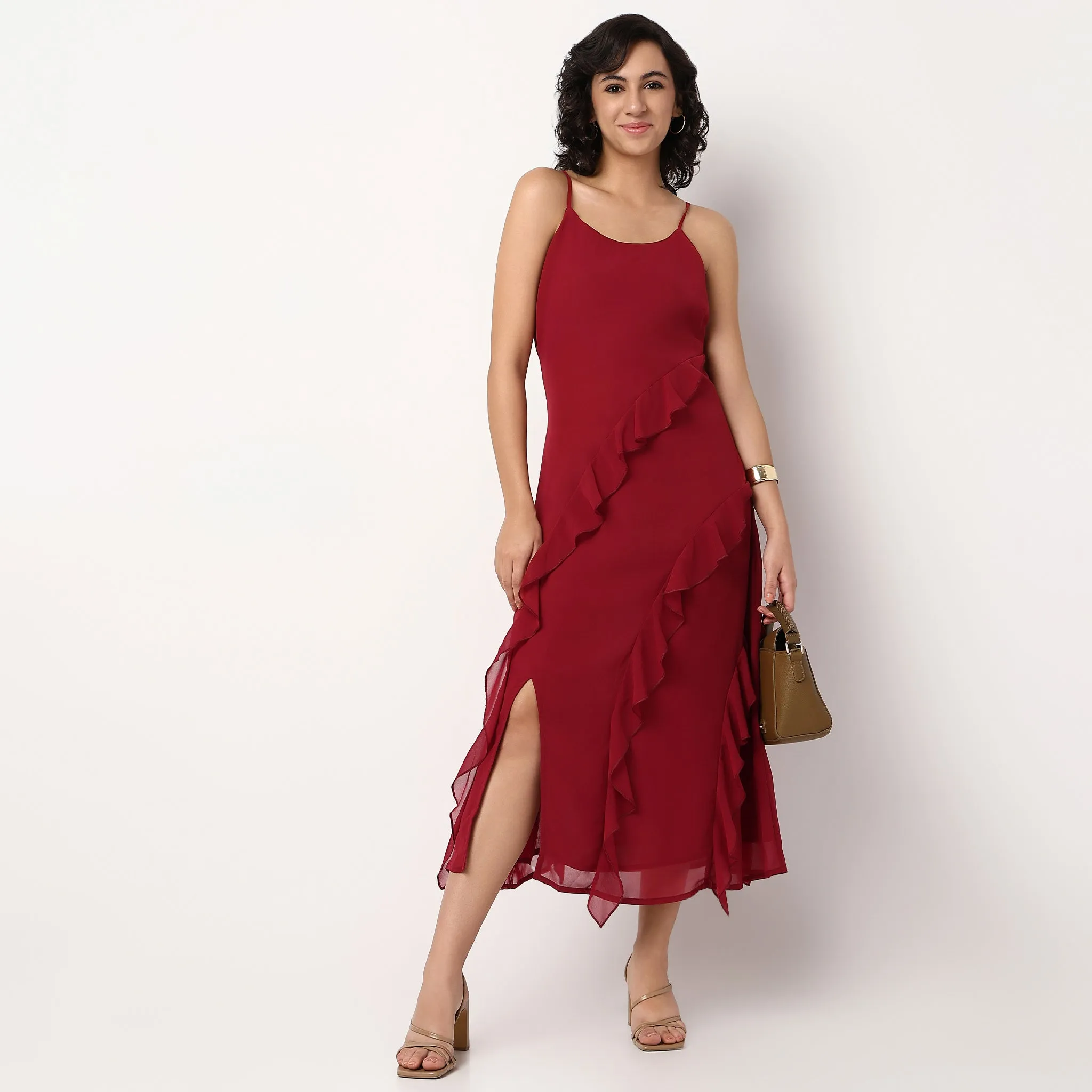 Scoop Neck Flared Strapy Dress With Ruffle Detail DoubleStitched Seams Hero Fit