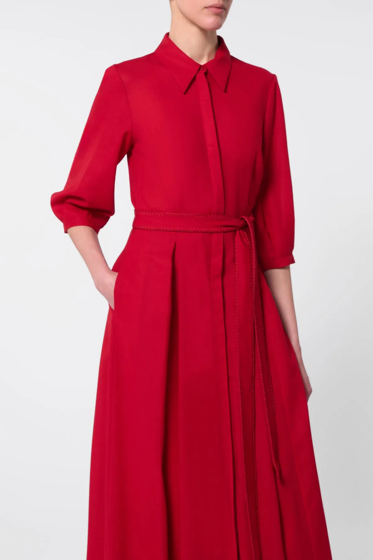 Andy Pleated Shirtdress in Scarlet Red Virgin Wool Fast Fit