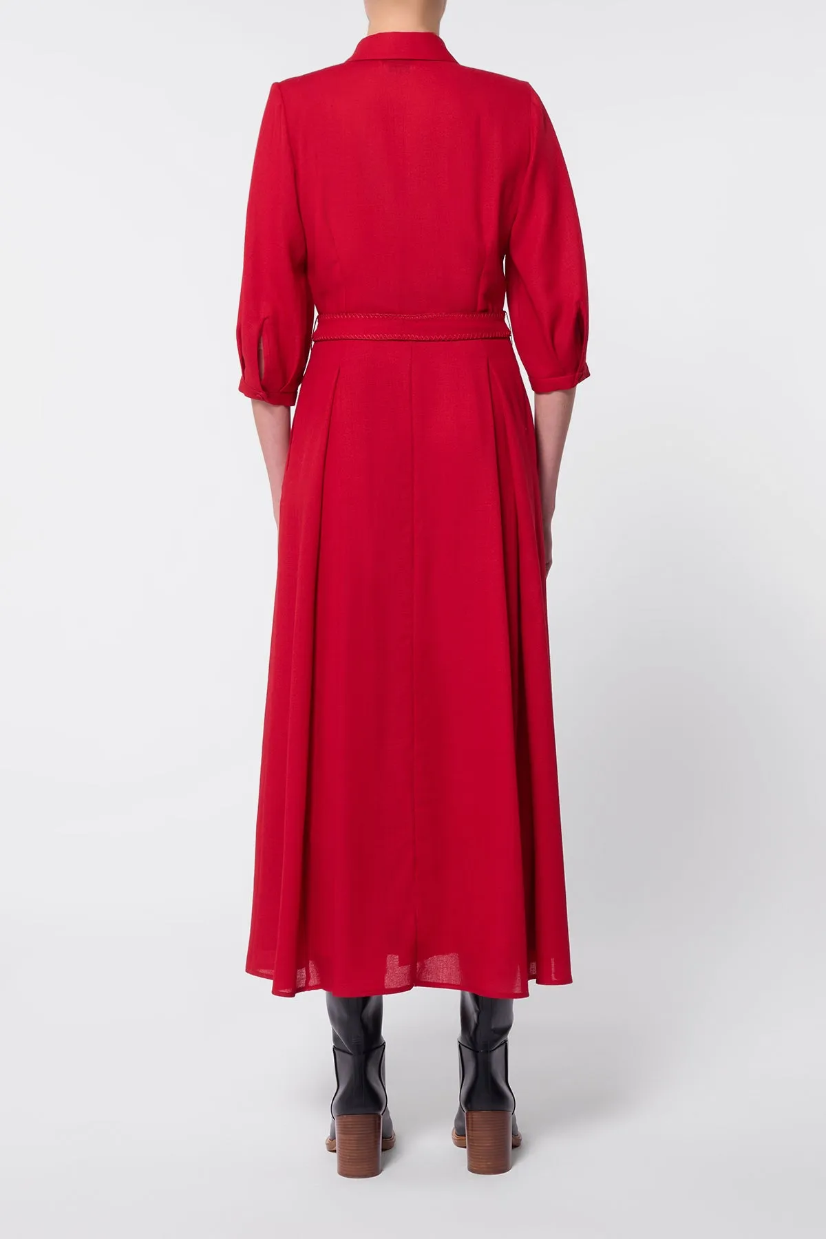 Andy Pleated Shirtdress in Scarlet Red Virgin Wool All Day Antibacterial Finish