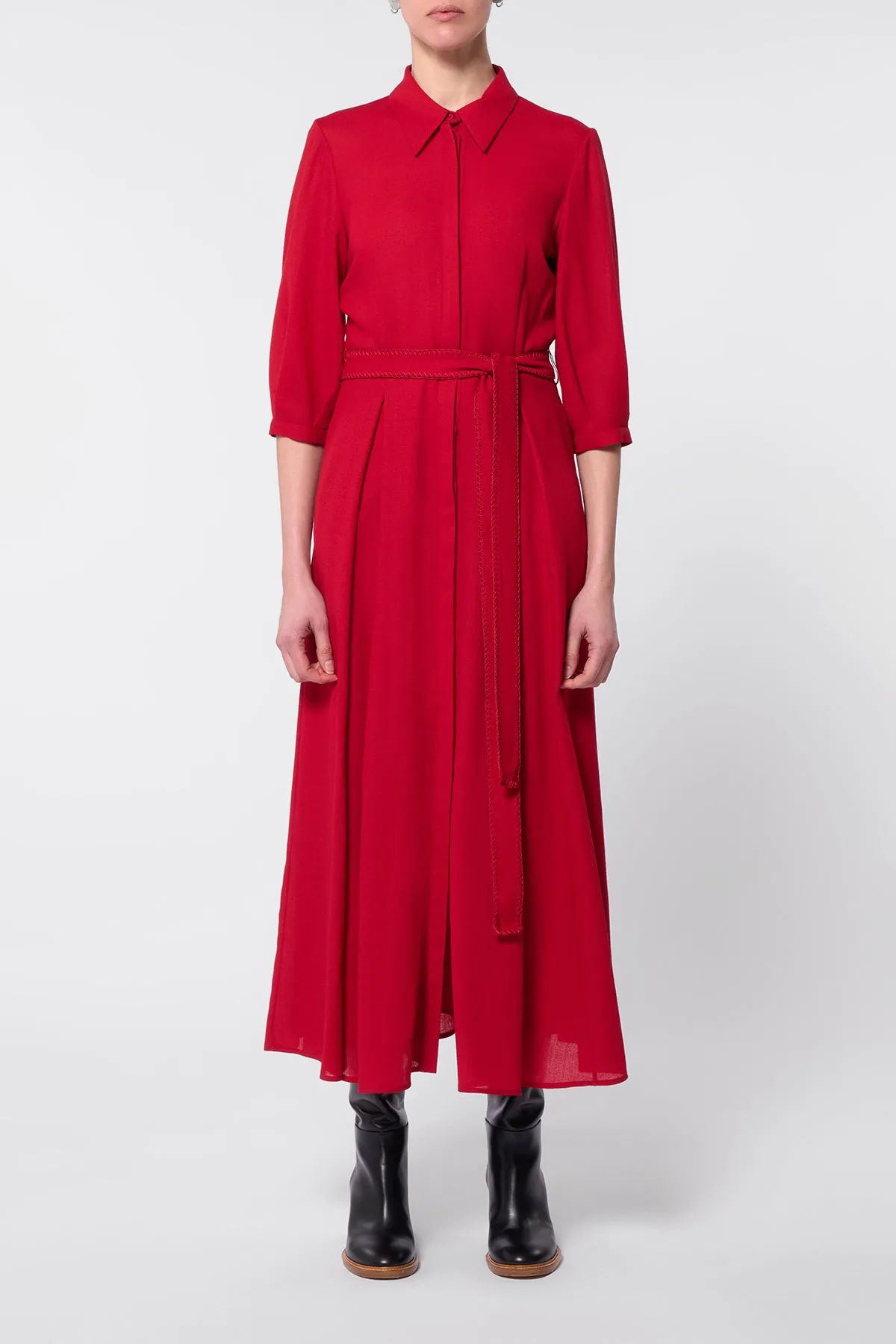 Andy Pleated Shirtdress in Scarlet Red Virgin Wool DoubleLayered Structure Light Core