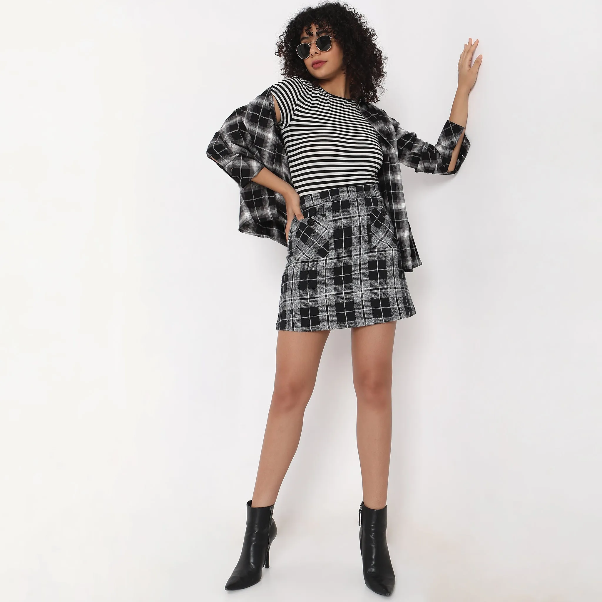 Regular Fit Checkered Mid Rise Skirt MatteFinishTexture