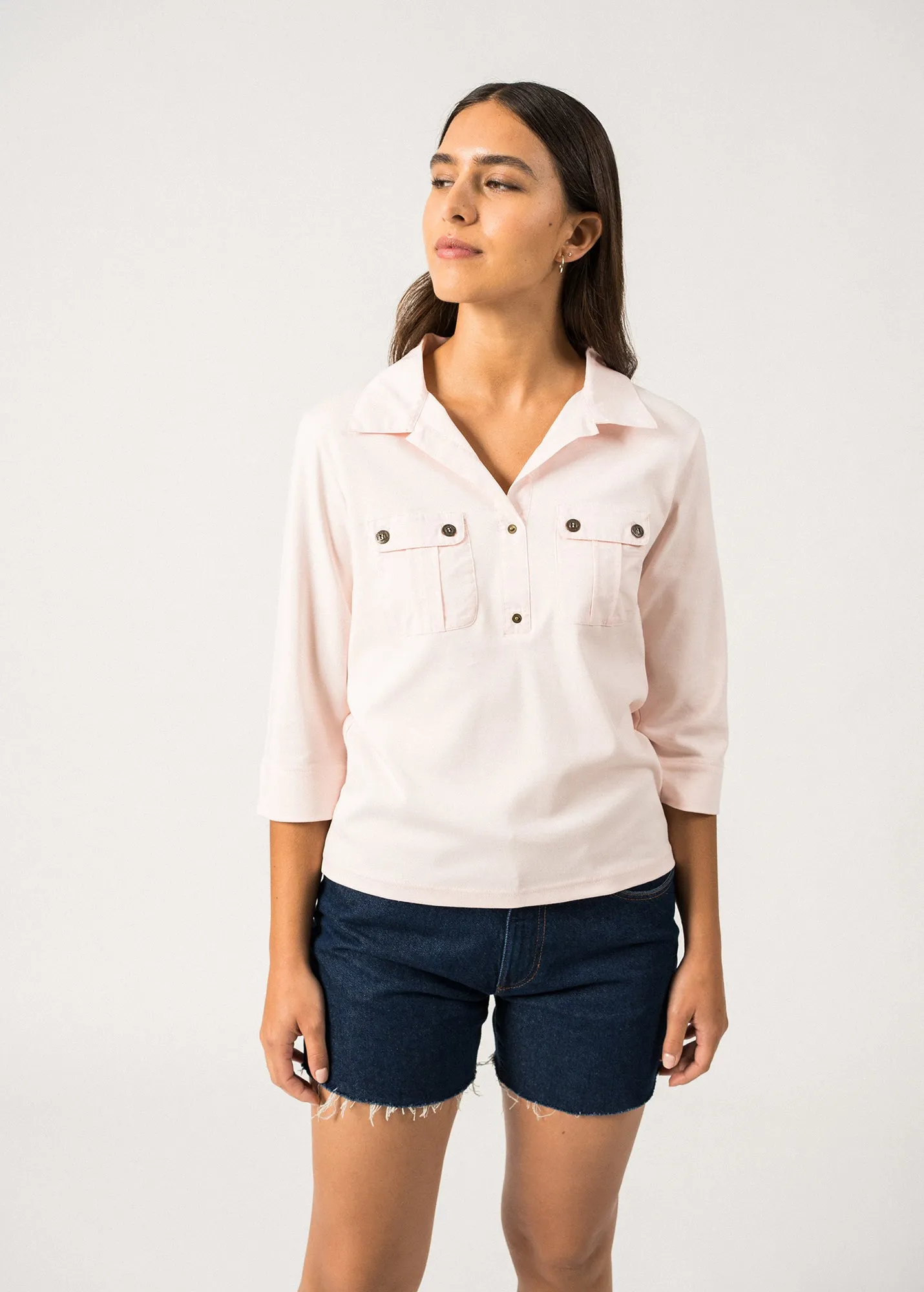 AdjustableHemline Tight Net OLERON - Polo Shirt with ? Sleeve | 100% Cotton | Comfort Fit (LIGHT PINK)
