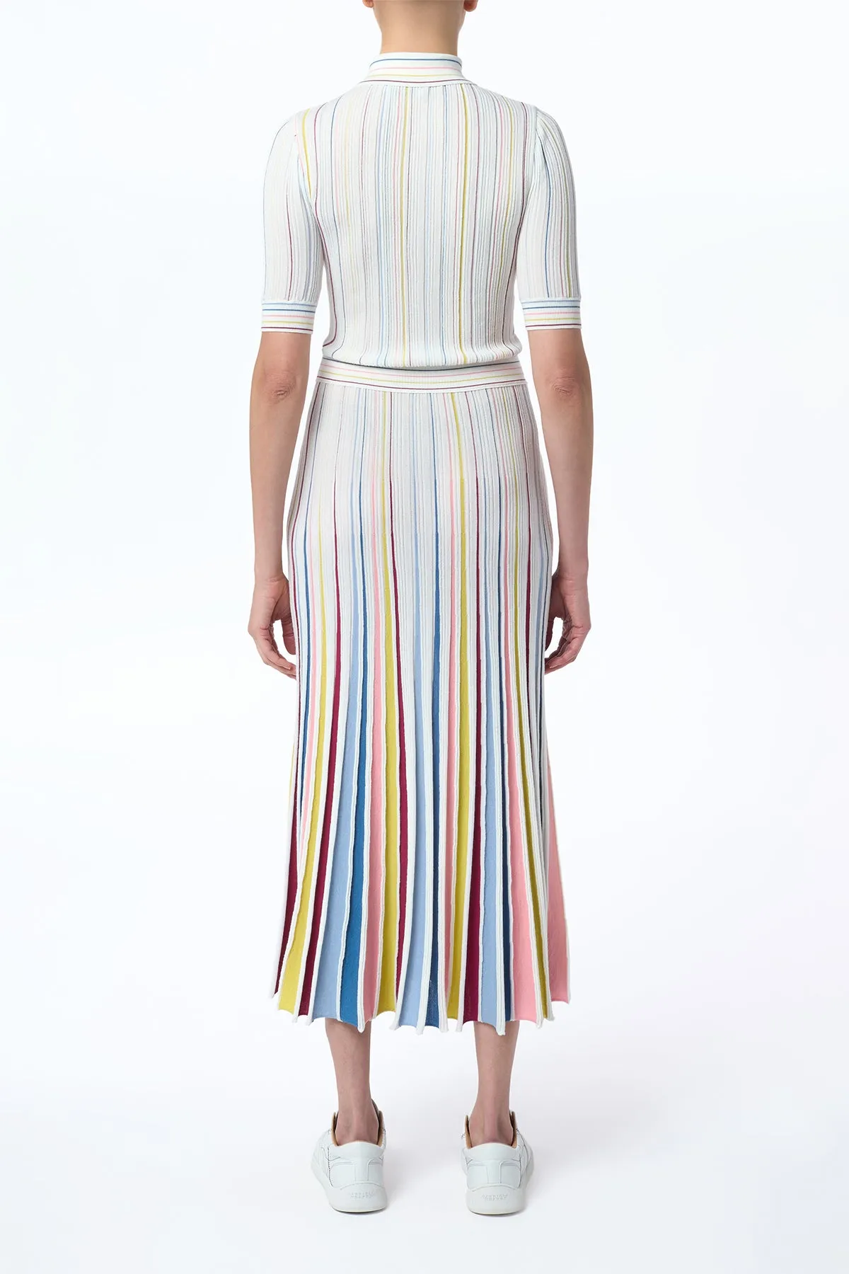 Calypso Pinstripe Knit Midi Dress in Ivory Multi Merino Wool SmoothEdgeTrim LightweightMaterial