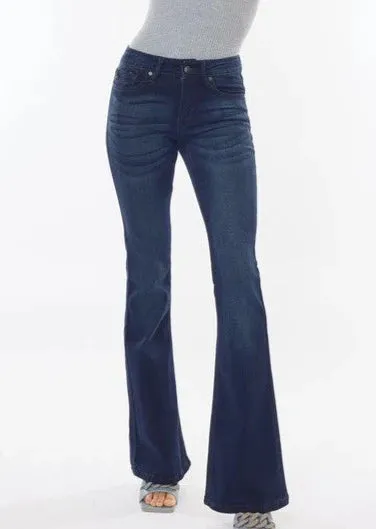 Kan Can Mid Rise Dark Wash Flare Jeans Utility Mode NoSlip Hem