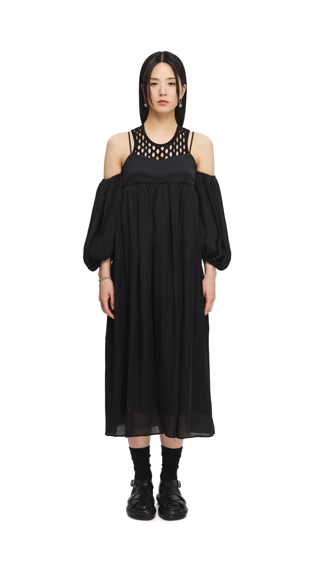 WrinkleResistant MultiPanelDesign Cold Shoulder Dress