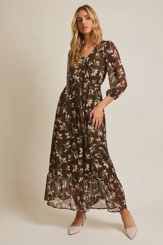 Olive Floral Dress Ergonomic Cut Light Wool