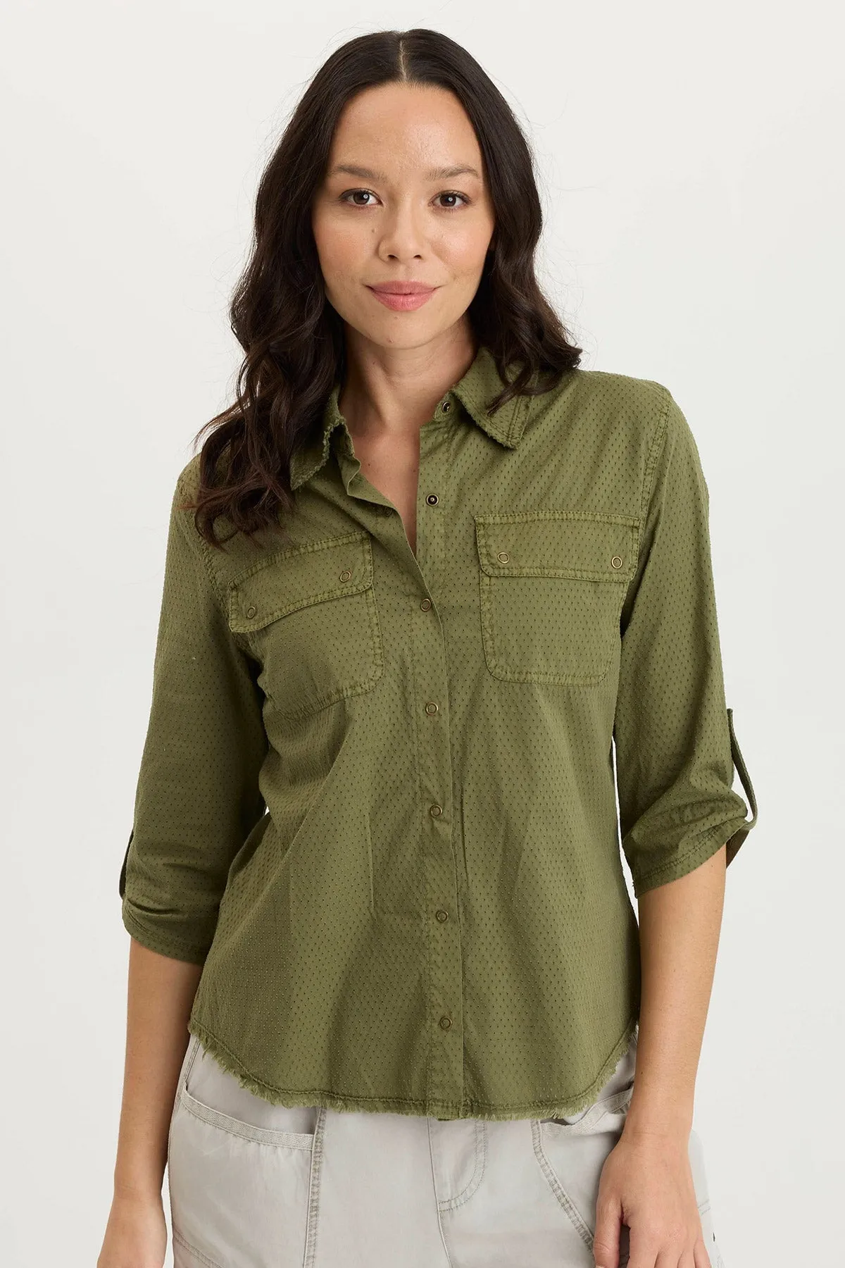 Arvin Perforated Poplin   Jersey Tabbed 3/4-Sleeve Snap-Up Top AntiStatic Material Club Mode