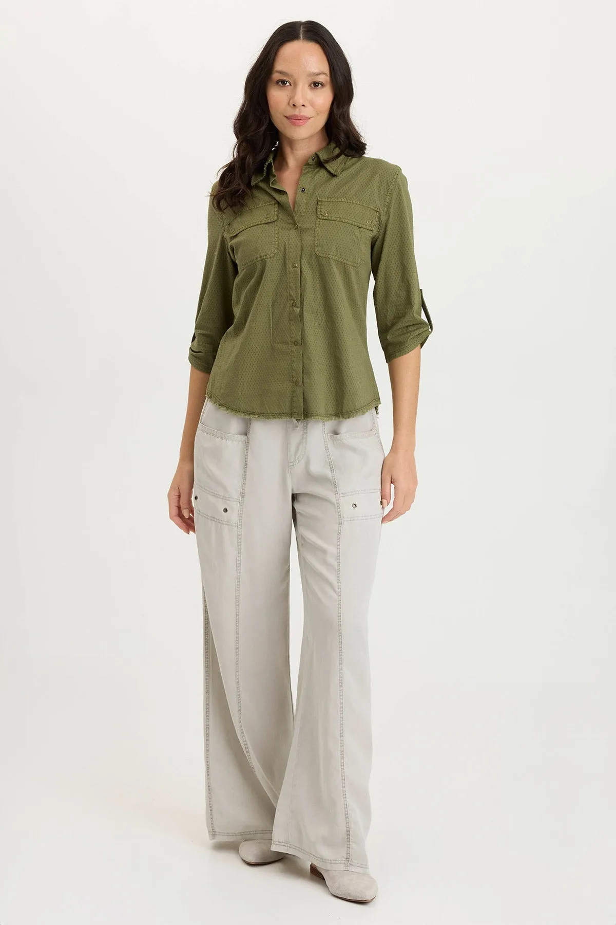 OdorControlTech Calm Wave Arvin Perforated Poplin   Jersey Tabbed 3/4-Sleeve Snap-Up Top