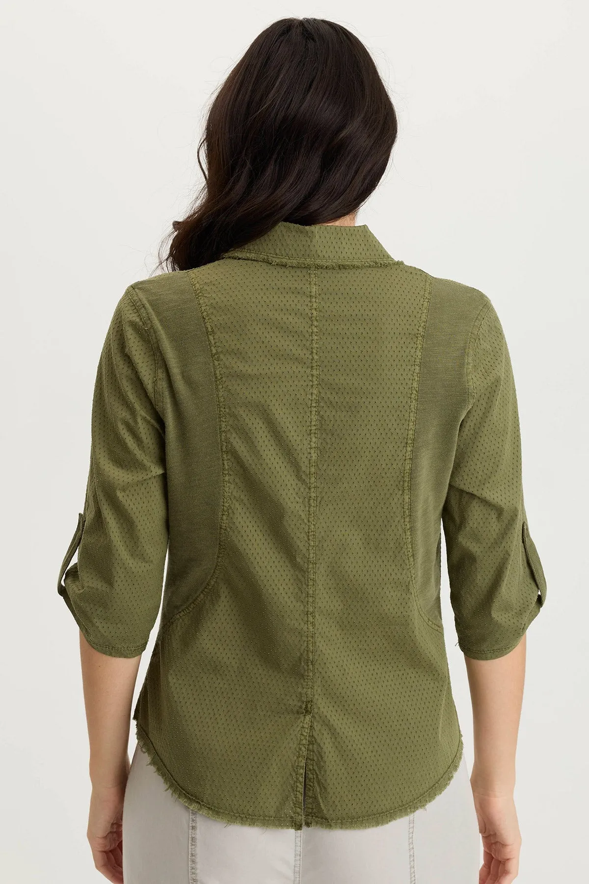 Arvin Perforated Poplin   Jersey Tabbed 3/4-Sleeve Snap-Up Top TearResistant Road Look