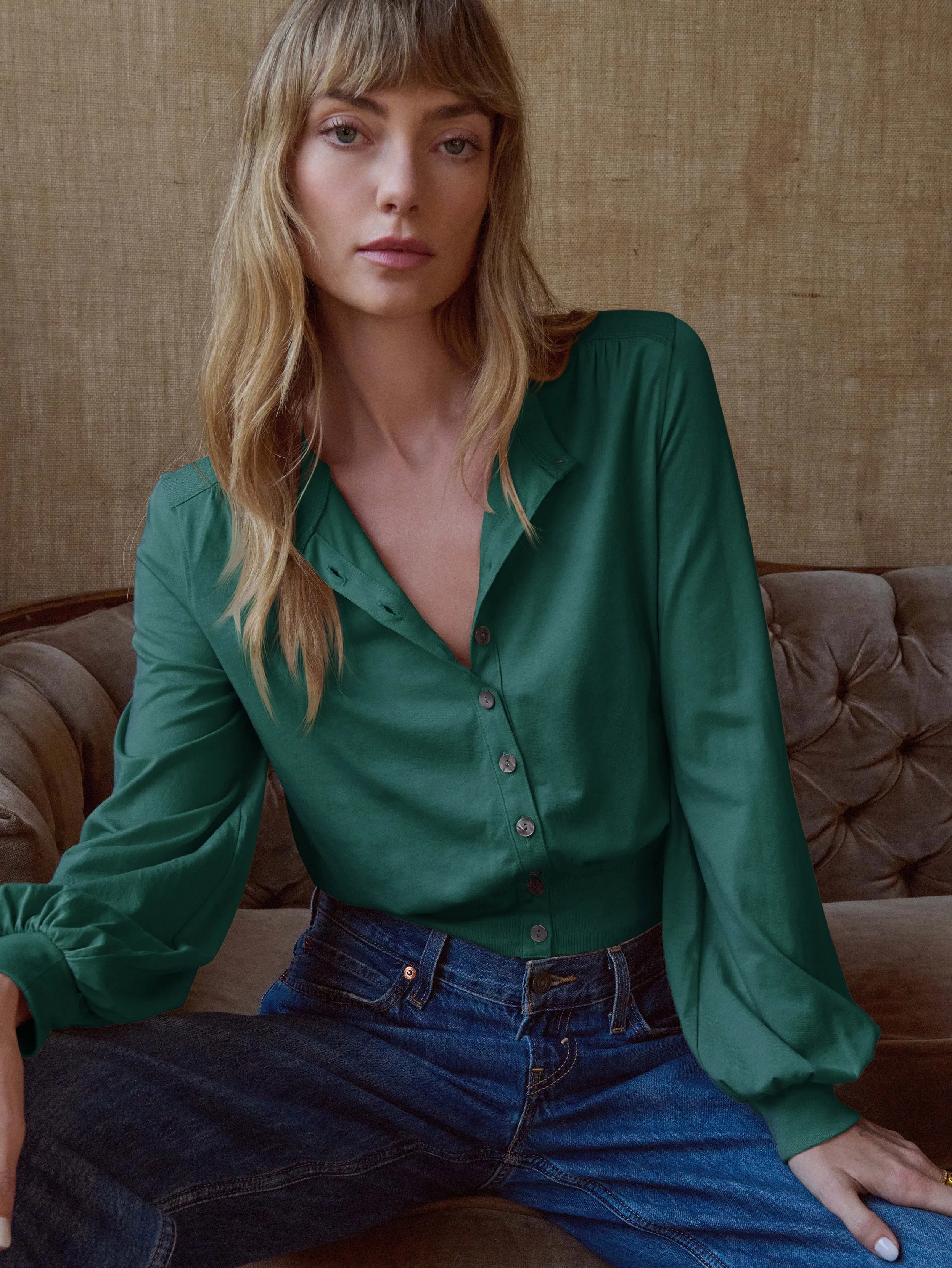 DurableCoverstitch DoubleLayeredHem Olive Blouse