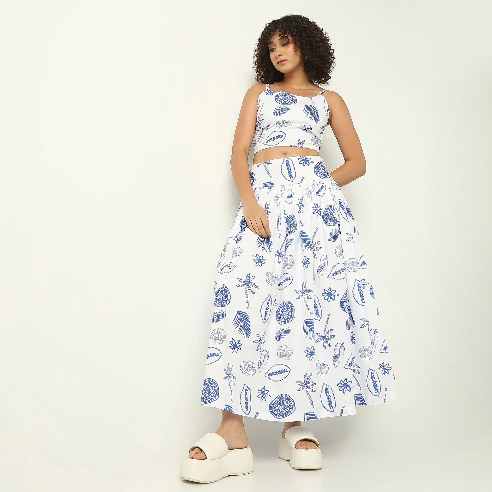 Soft Motion Open Heart Flare Fit Tropical Print Ankle Length High Rise Skirt