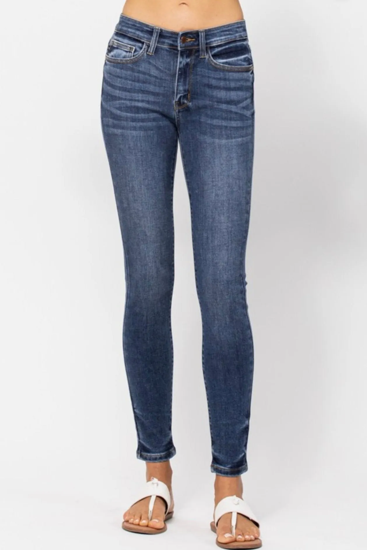 Judy Blue Mid Rise Hand Sand Skinny Jean Organza Fit Strong Edge
