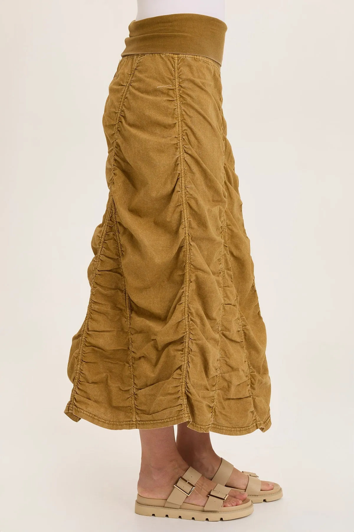 Linen Shirred Asymmetric Midi Skirt Travel Core FastDrying Inner Layer