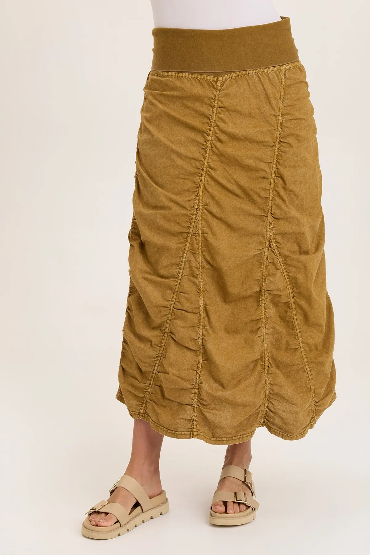 Linen Shirred Asymmetric Midi Skirt CrossBackStructure LightweightMaterial