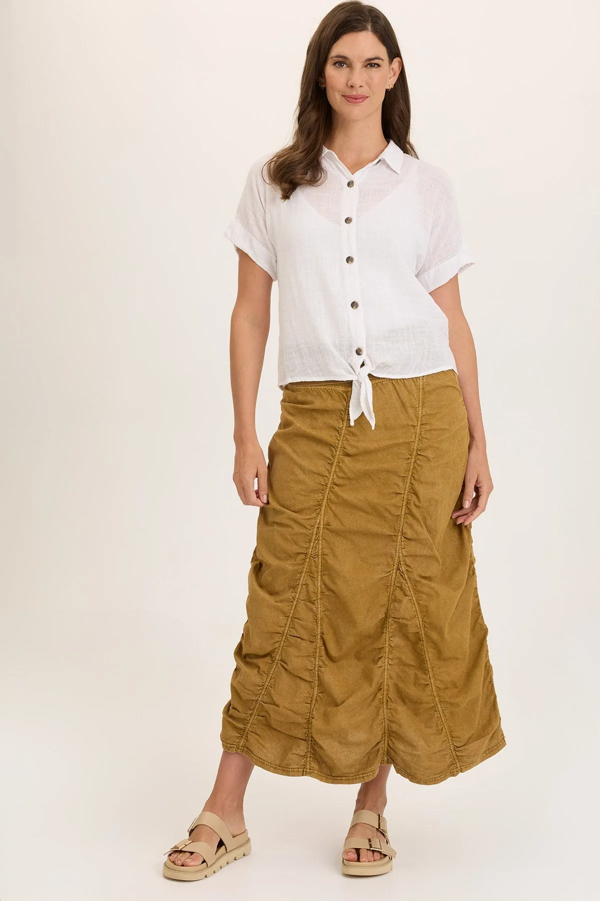 Linen Shirred Asymmetric Midi Skirt Wonder Core