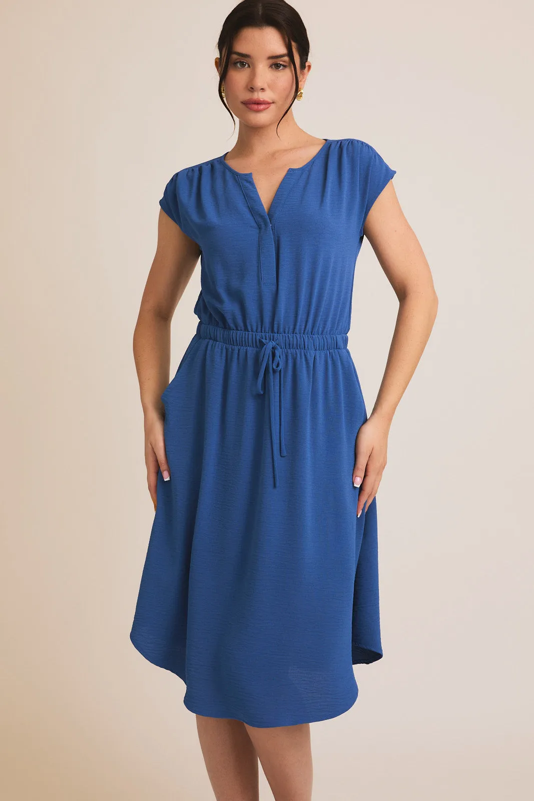 Beautiful in Blue Tie Waist Dress AntiStatic Material Polish Tone