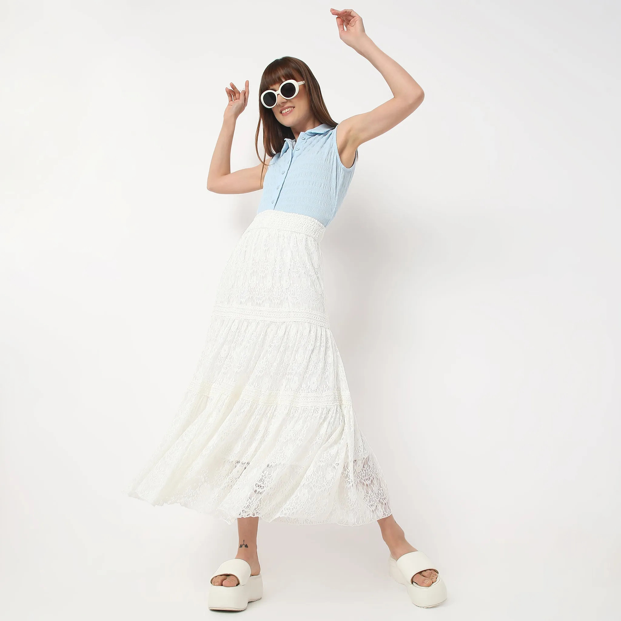 Flare Fit Calf Length High Rise Tiered Long Skirt Made With Comfortable Fabric Active Ease Gentle Glow