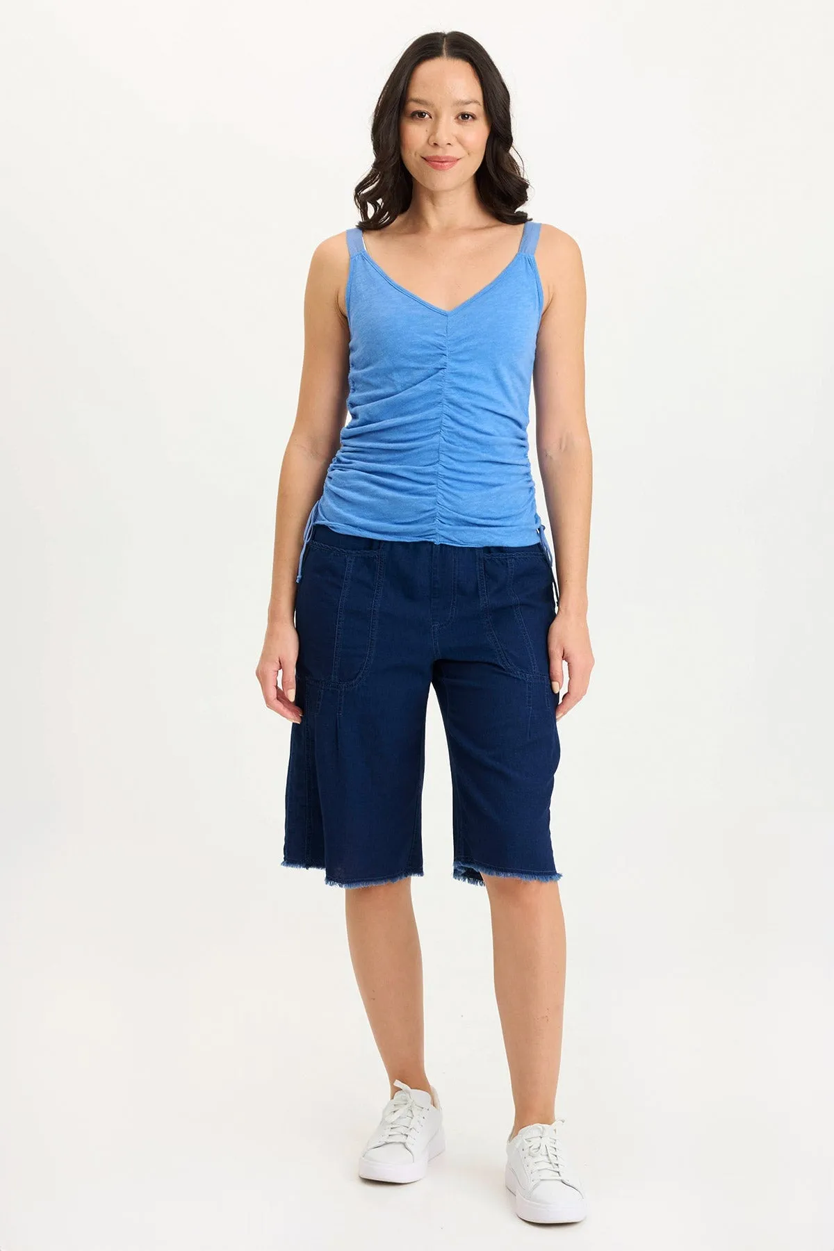 Layered Paneling AbrasionResistantClothing Themia Indigo Twill Pull-On Bermuda Short
