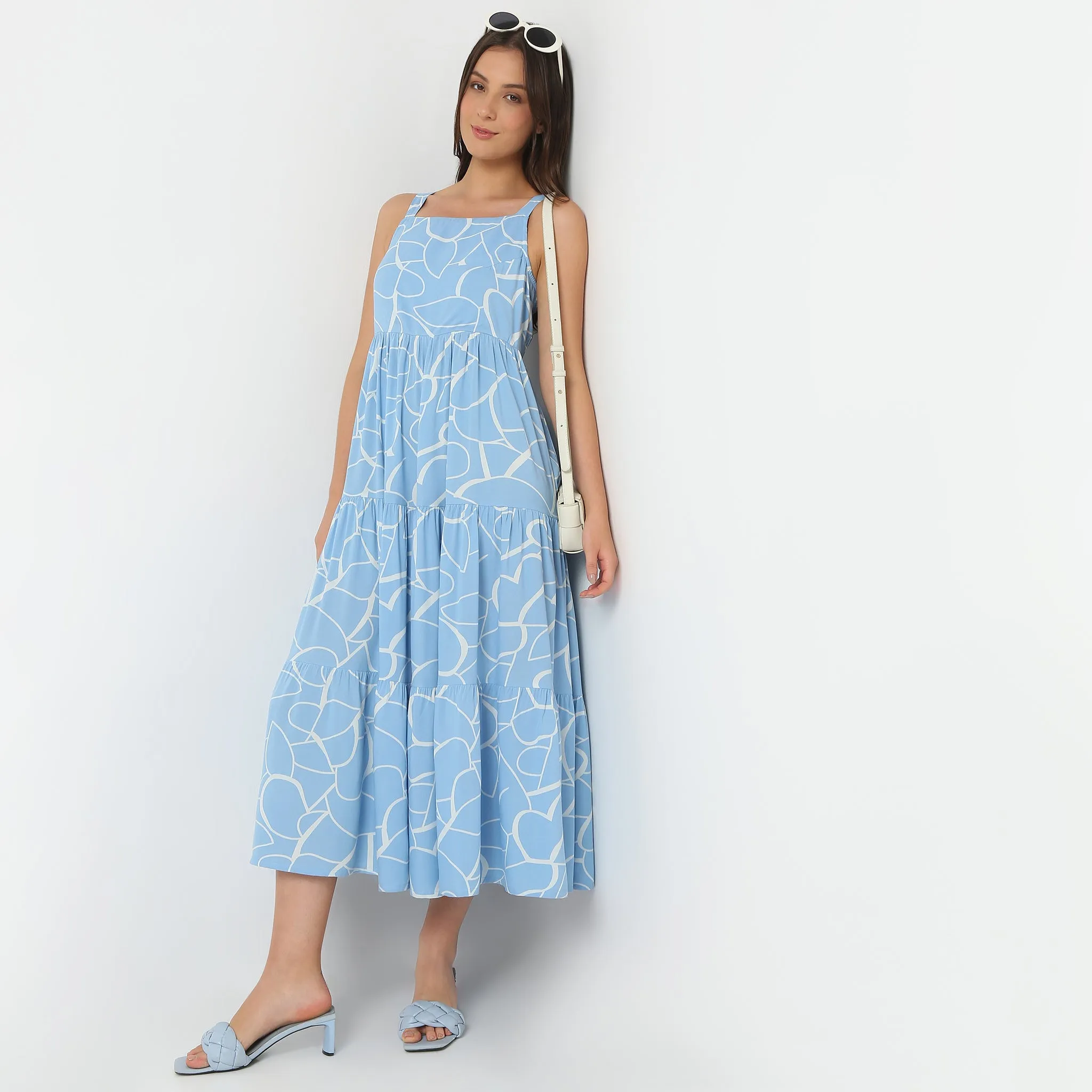Polish Tone Flight Fit Square Neck Printed Flare Fit Strap Dress