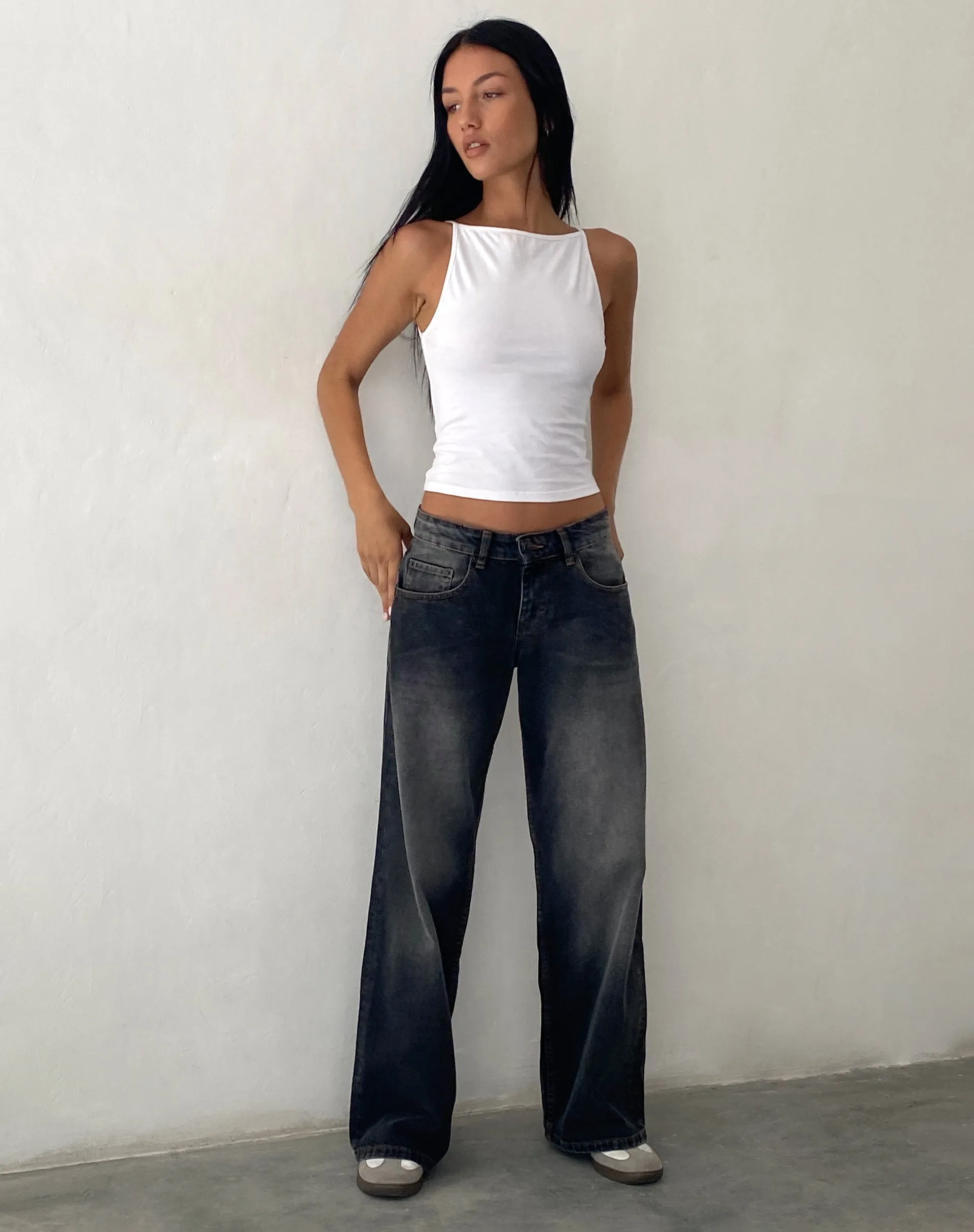 Roomy Extra Wide Low Rise Jeans in Grey Used Bleach NonSlip Grips